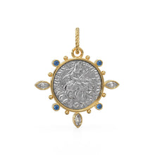 Load image into Gallery viewer, Large Ancient Mauryan Sterling Silver Coin Diamond Solid Gold Pendant / 18K Sapphire Marquise Diamond Green Emerald 14k Gold Charm Necklace - Jalvi & Co.