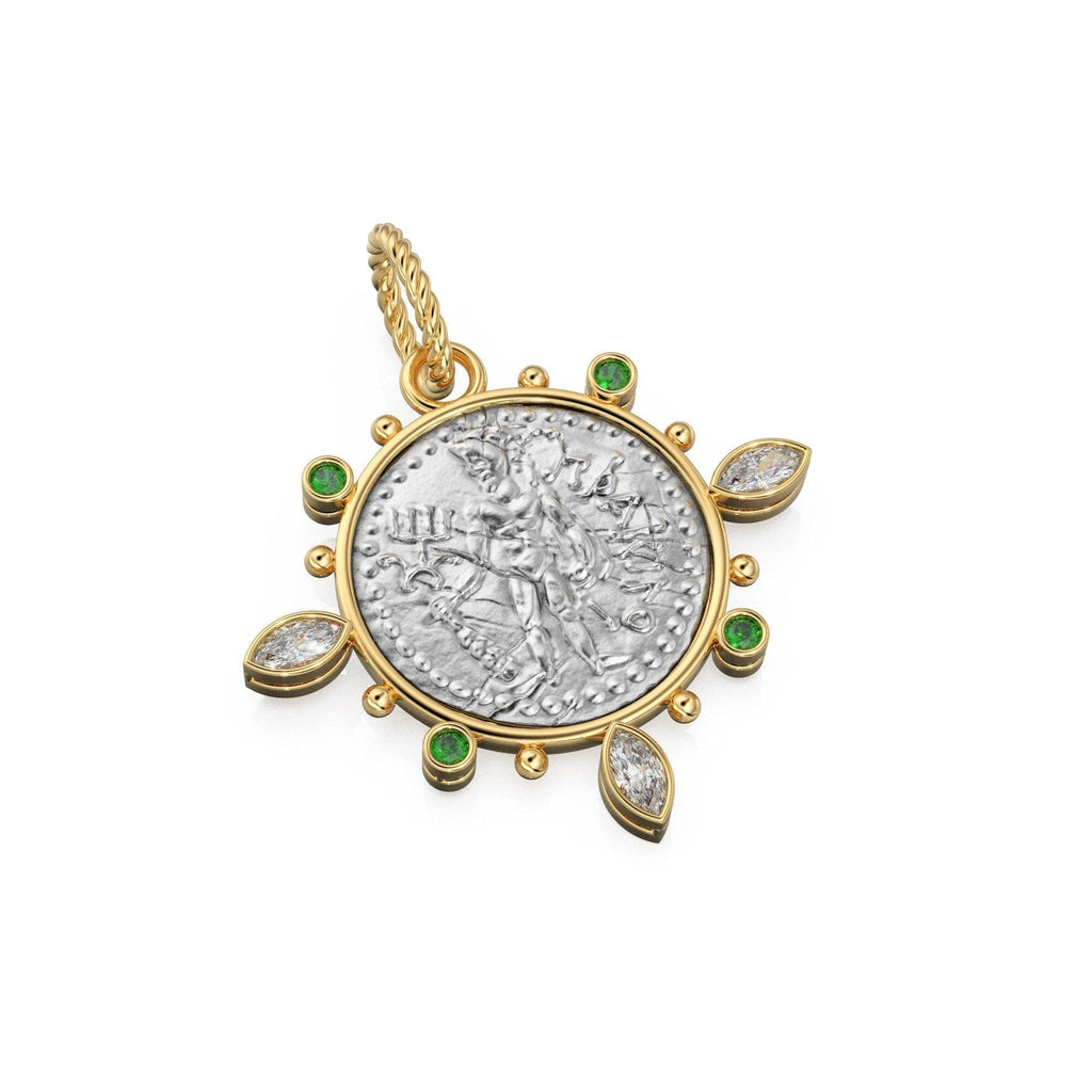Large Ancient Mauryan Sterling Silver Coin Diamond Solid Gold Pendant / 18K Sapphire Marquise Diamond Green Emerald 14k Gold Charm Necklace - Jalvi & Co.