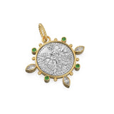 Large Ancient Mauryan Sterling Silver Coin Diamond Solid Gold Pendant / 18K Sapphire Marquise Diamond Green Emerald 14k Gold Charm Necklace