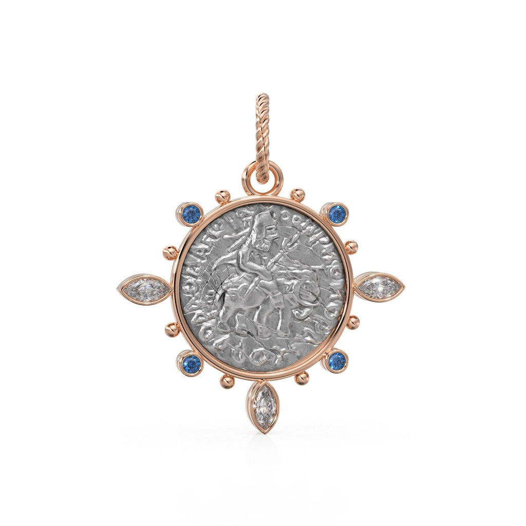 Large Ancient Mauryan Sterling Silver Coin Diamond Solid Gold Pendant / 18K Sapphire Marquise Diamond Green Emerald 14k Gold Charm Necklace - Jalvi & Co.