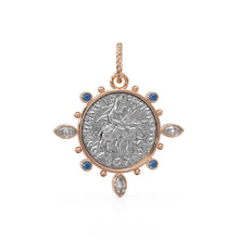 Load image into Gallery viewer, Large Ancient Mauryan Sterling Silver Coin Diamond Solid Gold Pendant / 18K Sapphire Marquise Diamond Green Emerald 14k Gold Charm Necklace - Jalvi & Co.