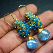 Load image into Gallery viewer, Labradorite Earrings Blue Apatite Earrings Elegant Small Cluster Earrings Apatite Earrings Blue Gemstone Gold Vermeil Earrings - Jalvi & Co.