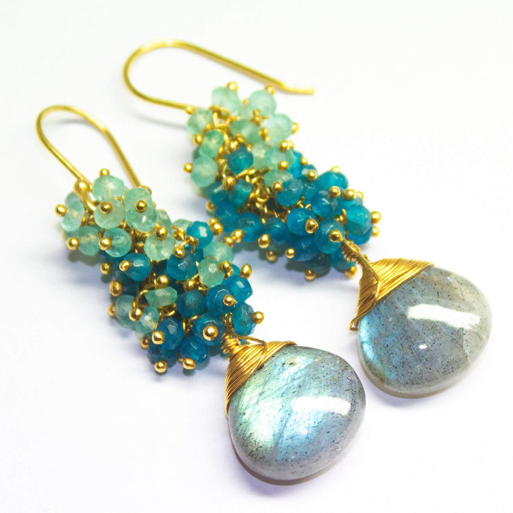 Labradorite Earrings Blue Apatite Earrings Elegant Small Cluster Earrings Apatite Earrings Blue Gemstone Gold Vermeil Earrings - Jalvi & Co.