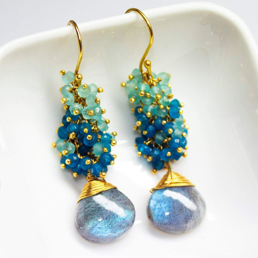 Labradorite Earrings Blue Apatite Earrings Elegant Small Cluster Earrings Apatite Earrings Blue Gemstone Gold Vermeil Earrings - Jalvi & Co.