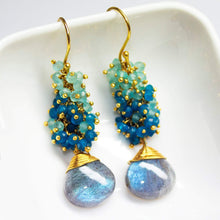 Load image into Gallery viewer, Labradorite Earrings Blue Apatite Earrings Elegant Small Cluster Earrings Apatite Earrings Blue Gemstone Gold Vermeil Earrings - Jalvi & Co.