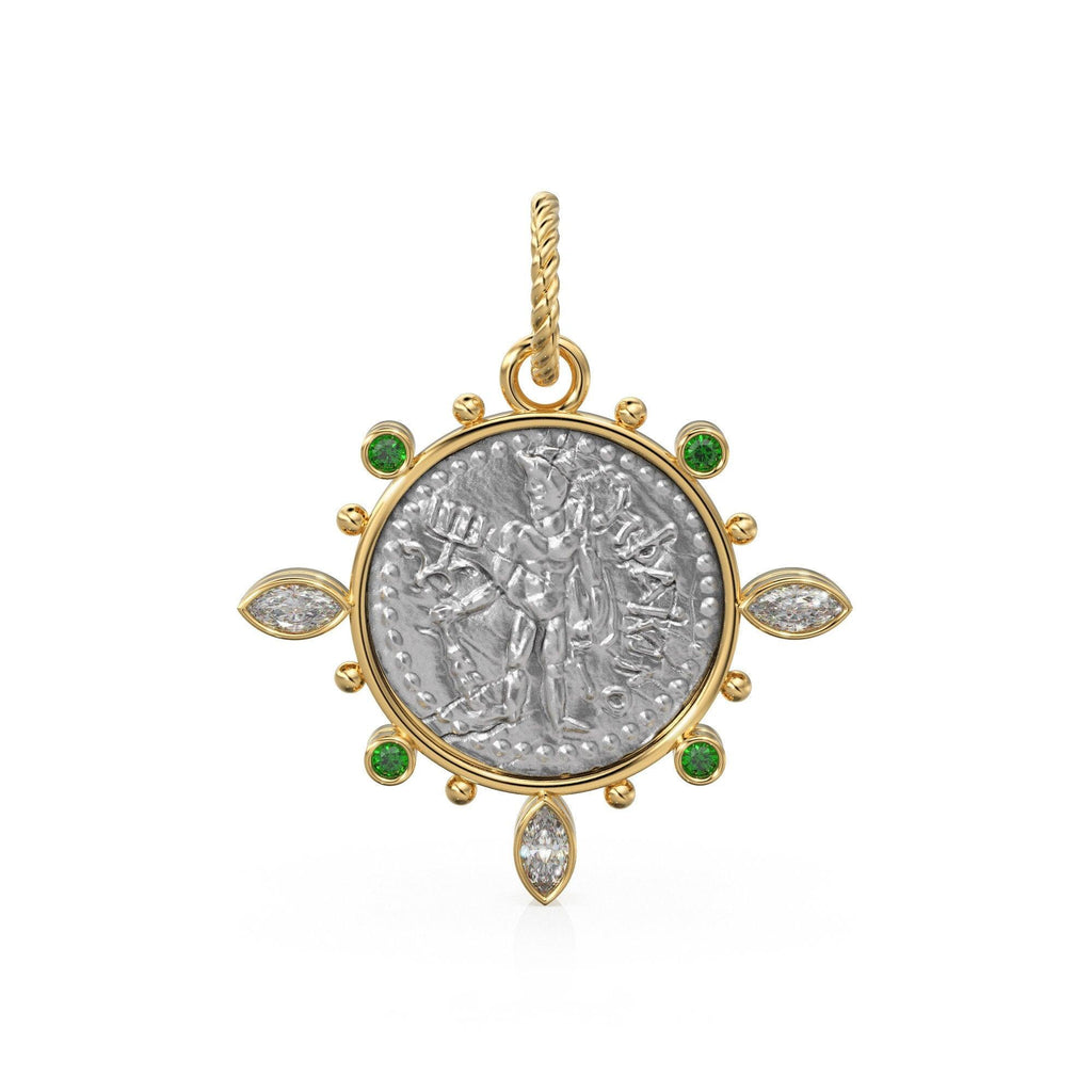 Large Ancient Mauryan Sterling Silver Coin Diamond Solid Gold Pendant / 18K Sapphire Marquise Diamond Green Emerald 14k Gold Charm Necklace - Jalvi & Co.