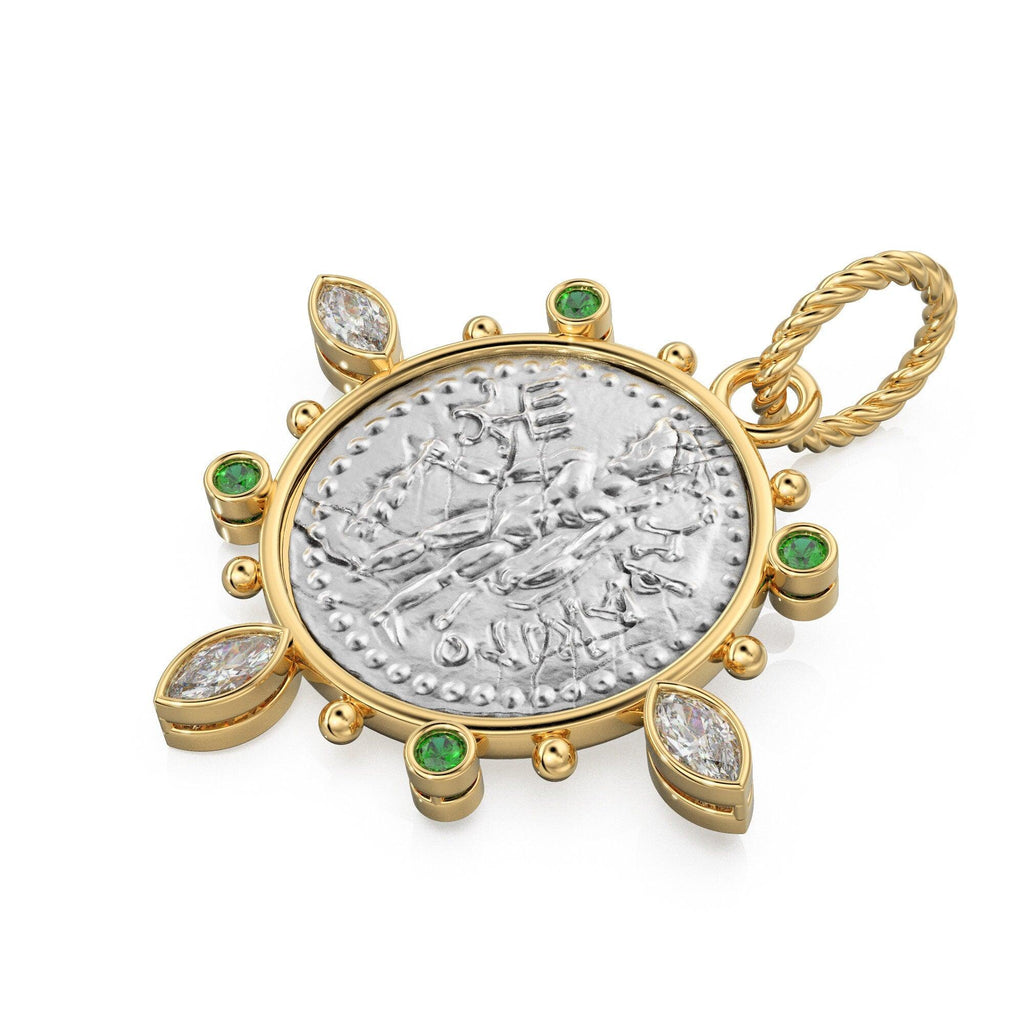 Large Ancient Mauryan Sterling Silver Coin Diamond Solid Gold Pendant / 18K Sapphire Marquise Diamond Green Emerald 14k Gold Charm Necklace - Jalvi & Co.