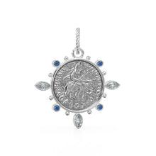 Load image into Gallery viewer, Large Ancient Mauryan Sterling Silver Coin Diamond Solid Gold Pendant / 18K Sapphire Marquise Diamond Green Emerald 14k Gold Charm Necklace - Jalvi & Co.