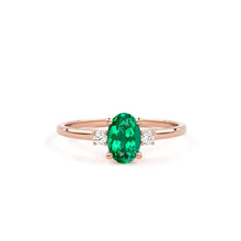 Load image into Gallery viewer, Emerald Ring / Emerald Engagement Ring in 14k Gold / Oval Cut Natural 3 Stone Emerald Diamond Ring / May Birthstone / Promise Ring - Jalvi & Co.