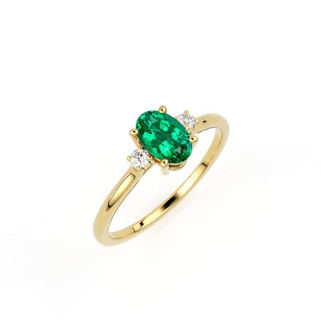Emerald Ring / Emerald Engagement Ring in 14k Gold / Oval Cut Natural 3 Stone Emerald Diamond Ring / May Birthstone / Promise Ring - Jalvi & Co.
