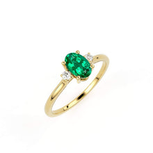 Load image into Gallery viewer, Emerald Ring / Emerald Engagement Ring in 14k Gold / Oval Cut Natural 3 Stone Emerald Diamond Ring / May Birthstone / Promise Ring - Jalvi & Co.
