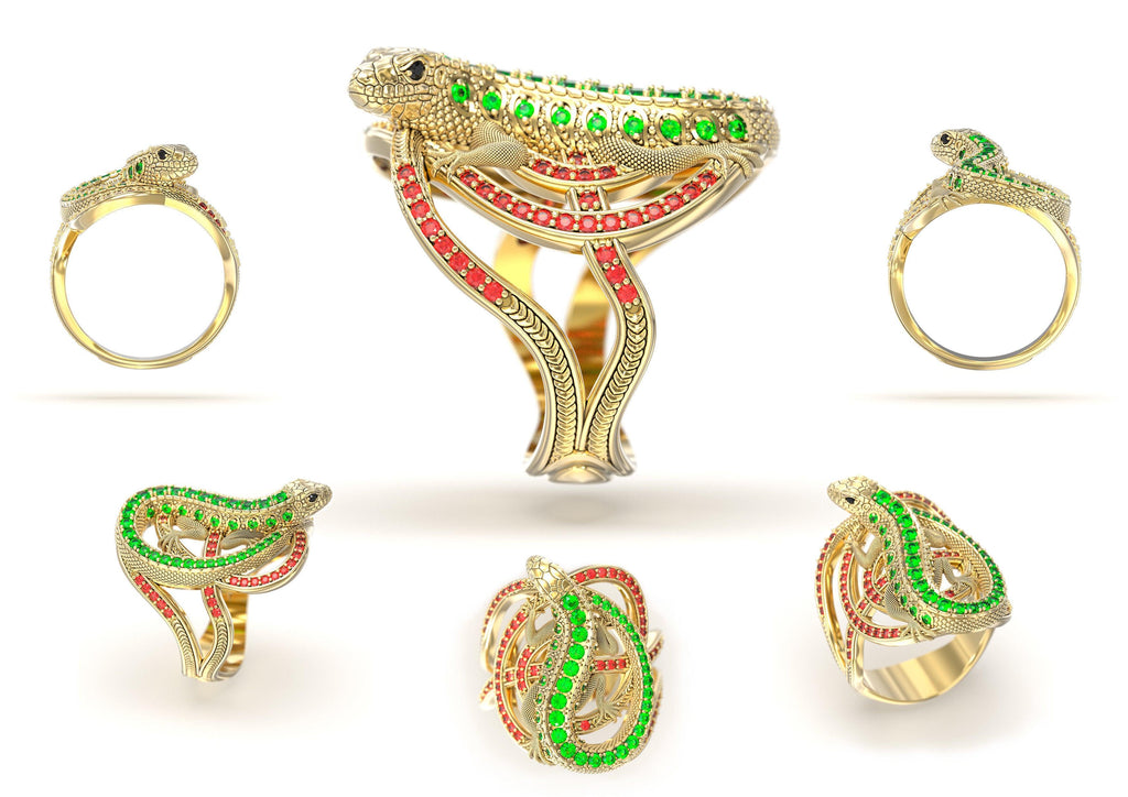 Lizard 14K Gold Diamond Ring / Gecko Emerald Ring / Iguana Ruby Ring/ Animal Gemstone Cocktail Ring - Jalvi & Co.