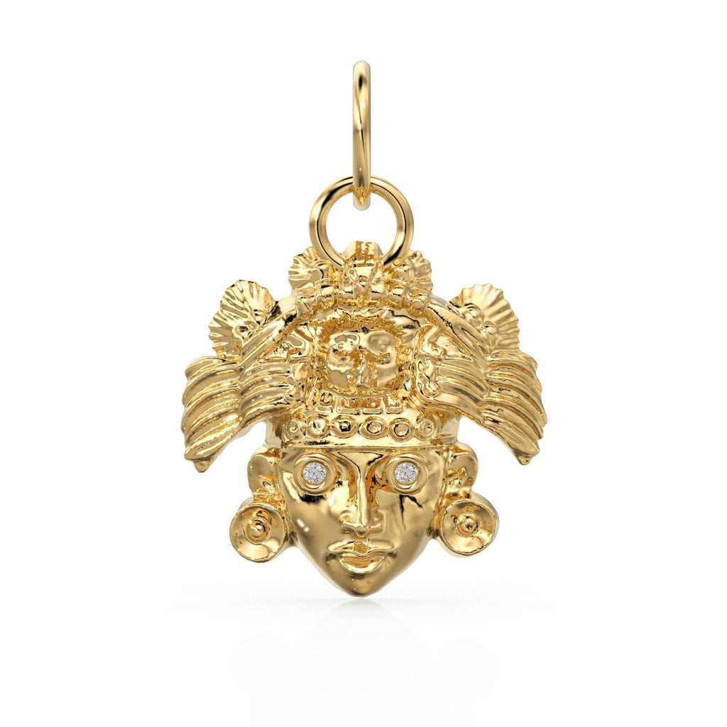 Mayan Head 14k Gold Charm / 18k Solid Gold Aztec Pendant / Round Cut Diamond Charm / Handmade Solid Gold Mask Charm / Mexican Gold Pendant - Jalvi & Co.