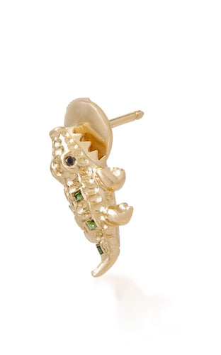 Mini Crocodile Black Diamond And Emerald 18k Solid Yellow Gold Single Earring - Jalvi & Co.