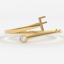 Load image into Gallery viewer, Name Ring/ Personalized Initial Letter Ring Set with Bezel Set Solitaire Diamond Ring in 14k Gold/ Perfect Gift for Mother / Birthstone Ring - Jalvi & Co.