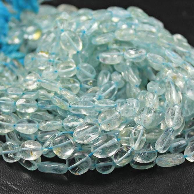 Natural Blue Aquamarine Smooth Oval Beads 9mm 11mm 13.5inches - Jalvi & Co.