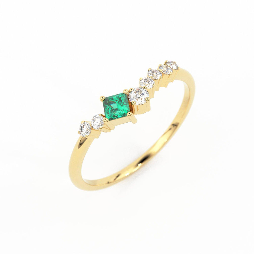 Natural Emerald Ring / 14k Gold Princess Cut Emerald Ring for Women / Emerald and diamond cluster rings / Emerald engagement ring - Jalvi & Co.