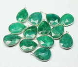 Natural Green Emerald Checker Faceted Pear Drops Silver Bezel Pendant 1pc 24mm
