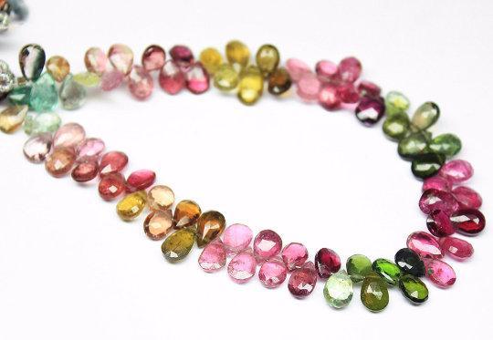 Natural Multi Color Tourmaline Faceted Pear Drop Beads 6.5mm 7.5mm 4inches - Jalvi & Co.