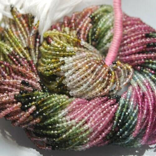Natural Multi Tourmaline Micro Faceted Rondelle Loose Gemstone Beads 13" 2.5mm - Jalvi & Co.