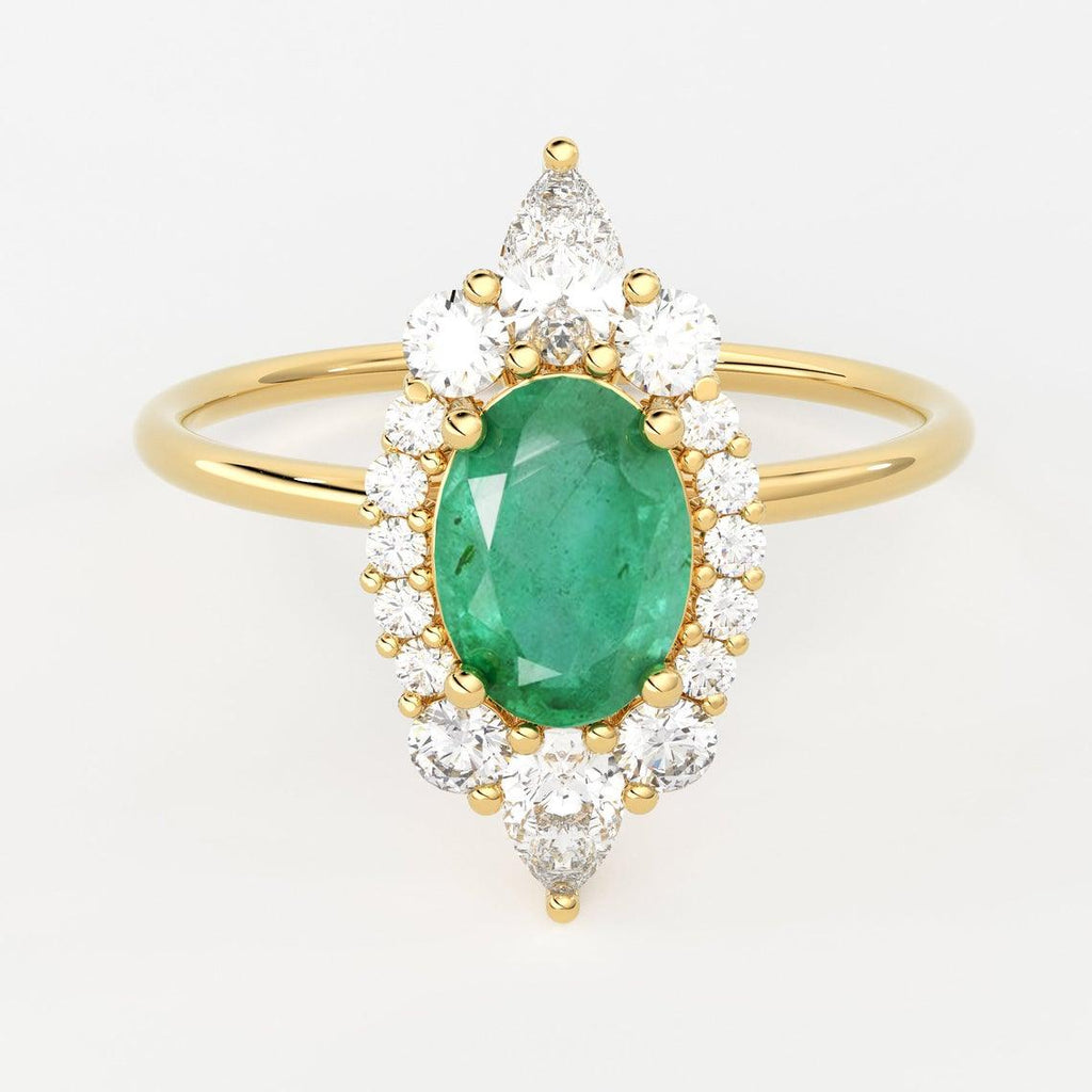Oval Emerald Halo Ring in 14k Gold / Emerald Halo Engagement Ring / May Birthstone Ring / Natural Emerald Ballerina Ring - Jalvi & Co.