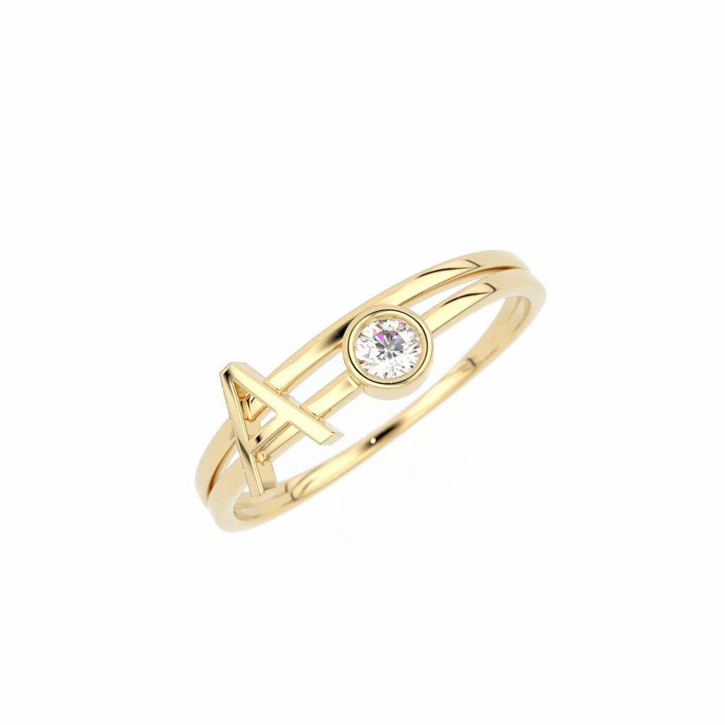 Personalized Initial Letter Ring Set with Bezel Set Solitaire Diamond Ring in 14k Gold / Perfect Gift for Mothers / Birthstones Available - Jalvi & Co.