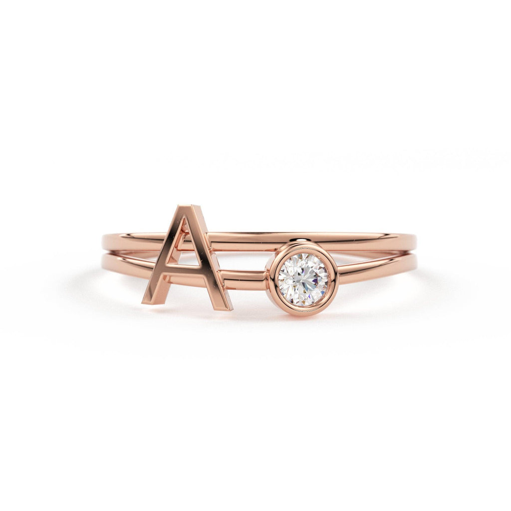 Personalized Initial Letter Ring Set with Bezel Set Solitaire Diamond Ring in 14k Gold / Perfect Gift for Mothers / Birthstones Available - Jalvi & Co.
