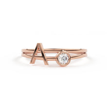 Load image into Gallery viewer, Personalized Initial Letter Ring Set with Bezel Set Solitaire Diamond Ring in 14k Gold / Perfect Gift for Mothers / Birthstones Available - Jalvi & Co.