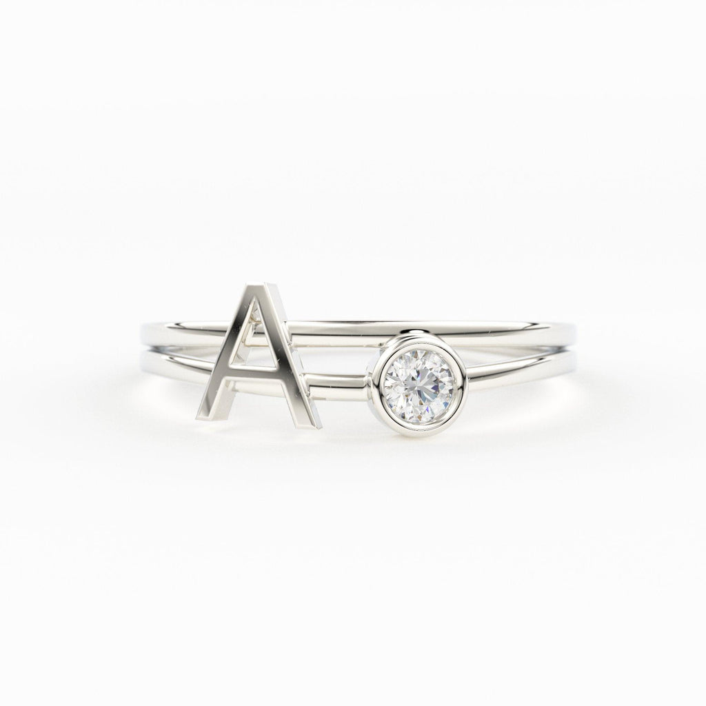 Personalized Initial Letter Ring Set with Bezel Set Solitaire Diamond Ring in 14k Gold / Perfect Gift for Mothers / Birthstones Available - Jalvi & Co.