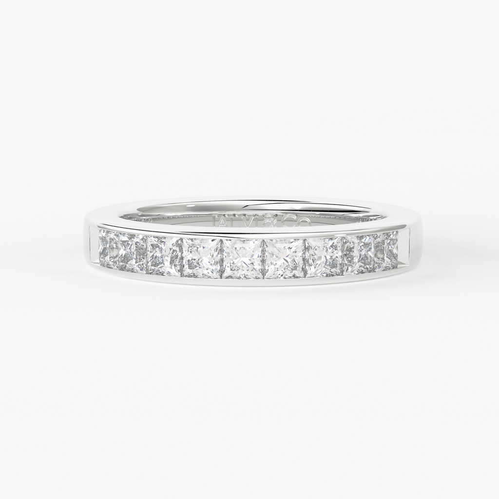 Princess Cut Diamond Band / 2.50MM Thin Channel Set Diamond Ring / Half Eternity Stackable Ring / Diamond Wedding Ring / Minimalist Handmade Ring - Jalvi & Co.