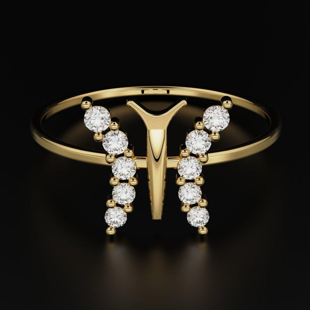 Round Diamond Band in 14k Gold / Butterfly Gold Diamond Ring / Gold Band White Diamond Ring / Round Diamond Wedding Band - Jalvi & Co.