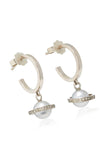 Saturn Diamond And Pearl Hoops 18k Solid White Gold Earrings