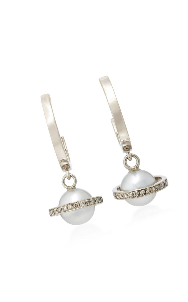 Saturn Diamond And Pearl Hoops 18k Solid White Gold Earrings - Jalvi & Co.