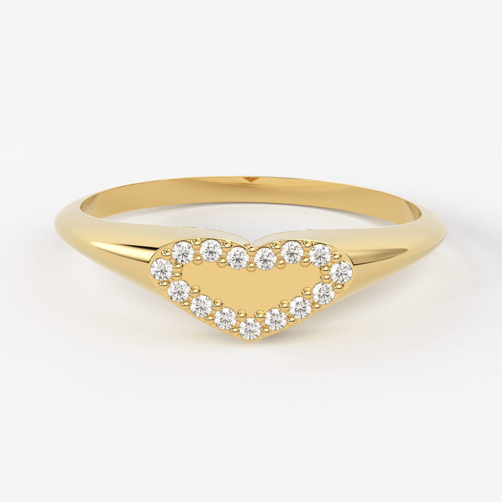 Signet Diamond Band in 14k Gold / Heart Signet Diamond Ring / Round Gold Band White Diamond Ring / Signet Diamond Wedding Band - Jalvi & Co.