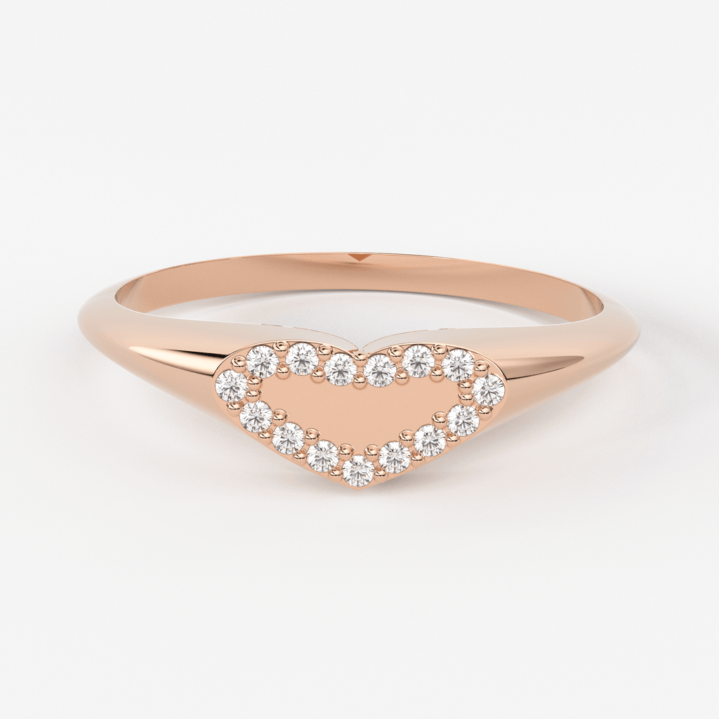 Signet Diamond Band in 14k Gold / Heart Signet Diamond Ring / Round Gold Band White Diamond Ring / Signet Diamond Wedding Band - Jalvi & Co.