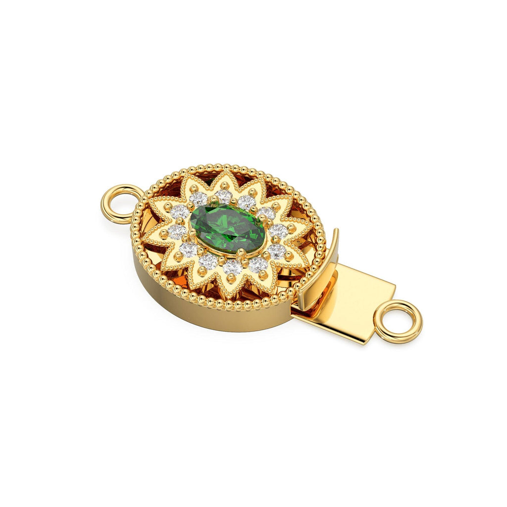 Sturdy Designer Emerald & Diamonds Migraine Oval Box Clasp / Diamond Clasp / Gold Designer Clasp / 23x13mm - Jalvi & Co.