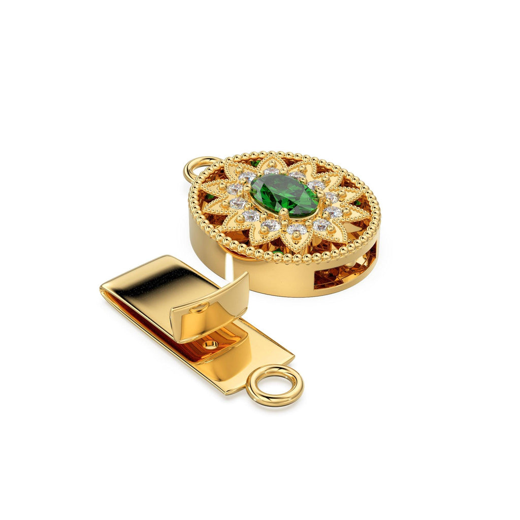 Sturdy Designer Emerald & Diamonds Migraine Oval Box Clasp / Diamond Clasp / Gold Designer Clasp / 23x13mm - Jalvi & Co.