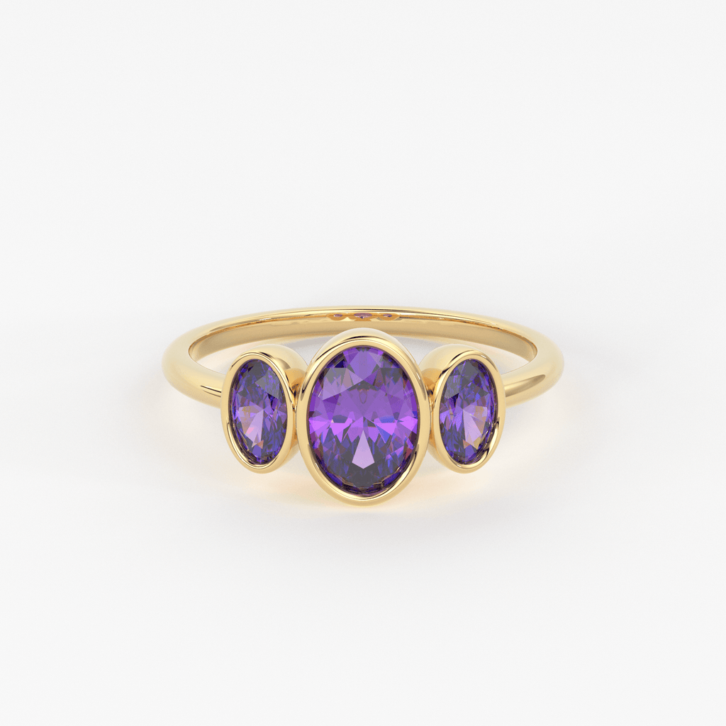 Three Stone Amethyst Ring / Amethyst Engagement Ring / Solid Rose Gold Diamond Amethyst Ring / February Birthstone Ring / Rose Gold Amethyst Ring - Jalvi & Co.