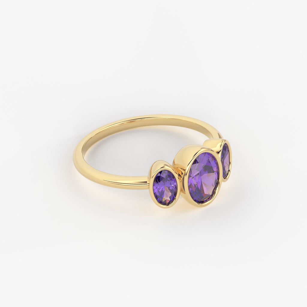 Three Stone Amethyst Ring / Amethyst Engagement Ring / Solid Rose Gold Diamond Amethyst Ring / February Birthstone Ring / Rose Gold Amethyst Ring - Jalvi & Co.