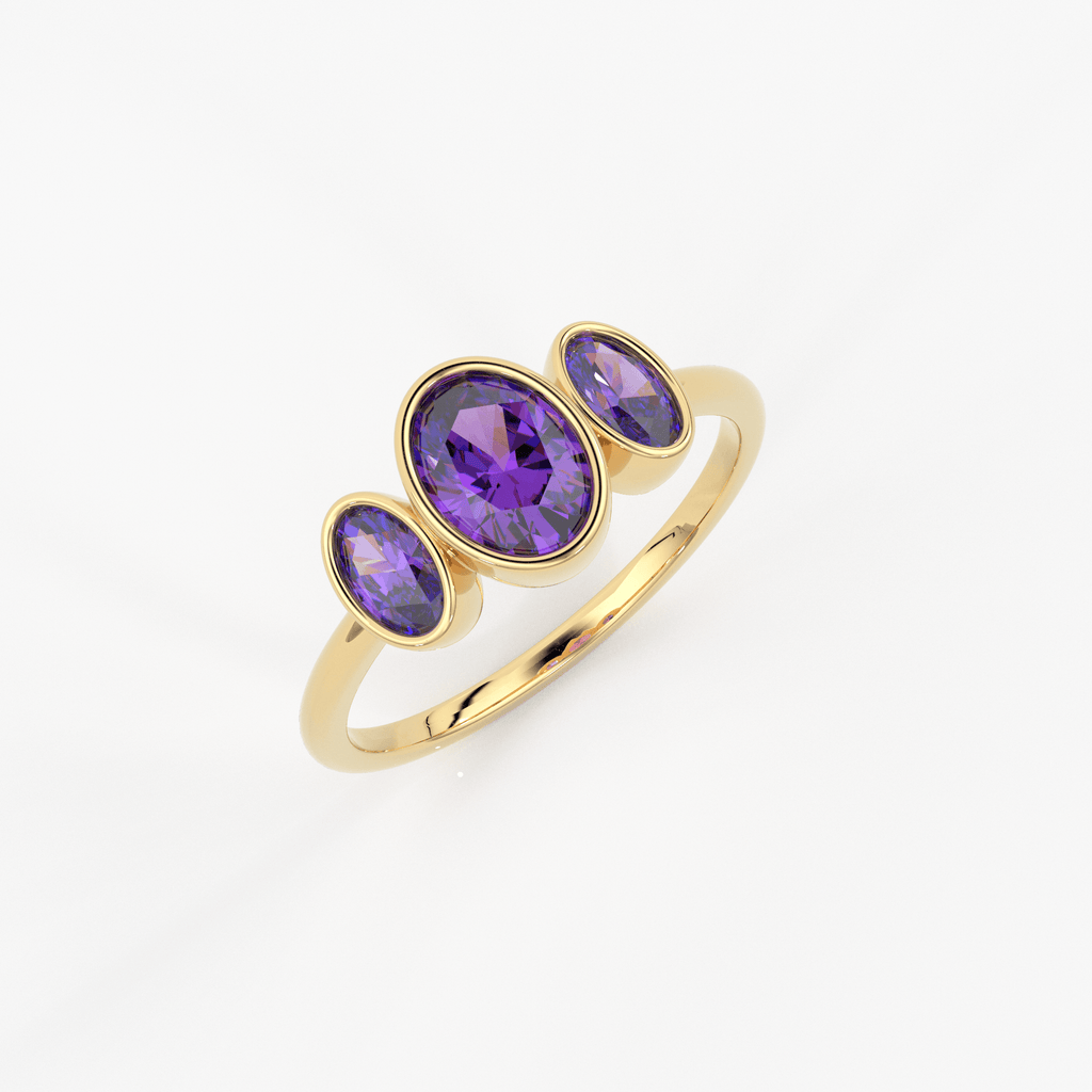 Three Stone Amethyst Ring / Amethyst Engagement Ring / Solid Rose Gold Diamond Amethyst Ring / February Birthstone Ring / Rose Gold Amethyst Ring - Jalvi & Co.