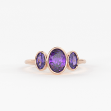 Load image into Gallery viewer, Three Stone Amethyst Ring / Amethyst Engagement Ring / Solid Rose Gold Diamond Amethyst Ring / February Birthstone Ring / Rose Gold Amethyst Ring - Jalvi & Co.