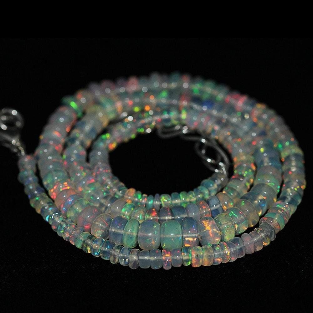 Welo Fire Ethiopian Opal Smooth Rondelle Loose Beads Necklace 3mm 6mm 48.8ct 15" - Jalvi & Co.
