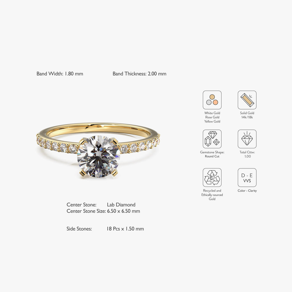 1ct Round Cut Lab Diamond Engagement Ring, Classic 4-Prong Pave Band Solitaire Ring, Minimalist Bridal Ring, Anniversary Promise Ring in Yellow Gold