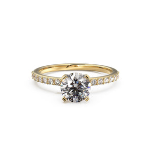 1ct Round Cut Lab Diamond Engagement Ring, Classic 4-Prong Pave Band Solitaire Ring, Minimalist Bridal Ring, Anniversary Promise Ring in Yellow Gold