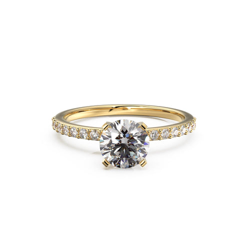 1ct Round Cut Lab Diamond Engagement Ring, Classic 4-Prong Pave Band Solitaire Ring, Minimalist Bridal Ring, Anniversary Promise Ring in Yellow Gold