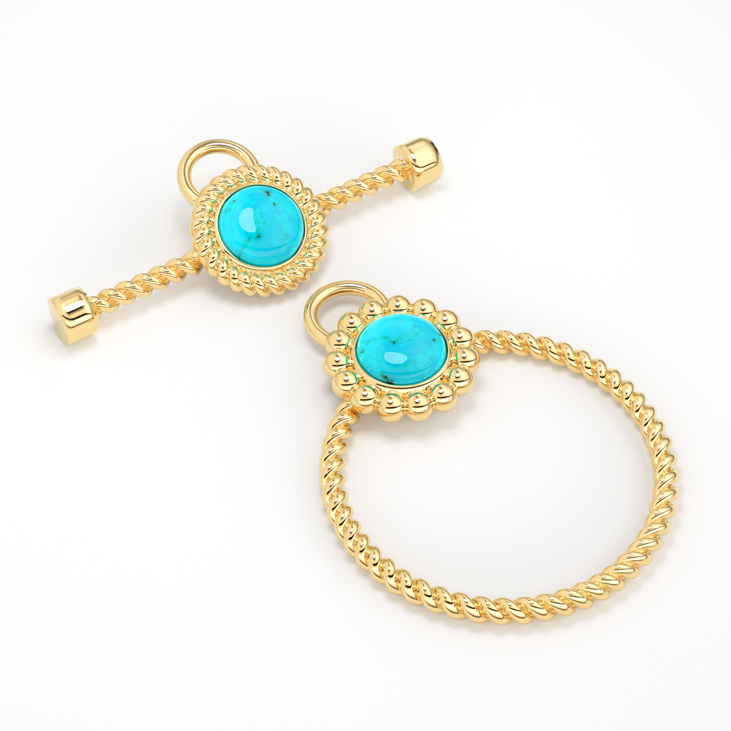 Turquoise 18k Solid Clasp Yellow Gold Circle Twisted Wire Toggle Clasp Finding With Diamond / Sleeping Beauty Turquoise Bezel Christmas Gift