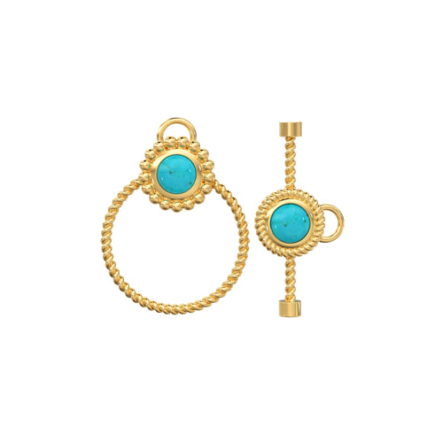 Turquoise 18k Solid Clasp Yellow Gold Circle Twisted Wire Toggle Clasp Finding With Diamond / Sleeping Beauty Turquoise Bezel Christmas Gift
