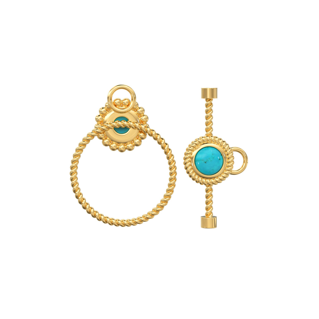 Turquoise 18k Solid Clasp Yellow Gold Circle Twisted Wire Toggle Clasp Finding With Diamond / Sleeping Beauty Turquoise Bezel Christmas Gift
