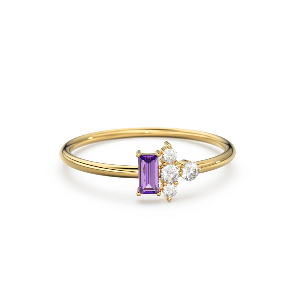 Rose Gold Genuine Amethyst and Diamond Ring / 14k Rose Gold Ring / Baguette Cut Amethyst Ring / February Birthstone / Purple Amethyst Ring