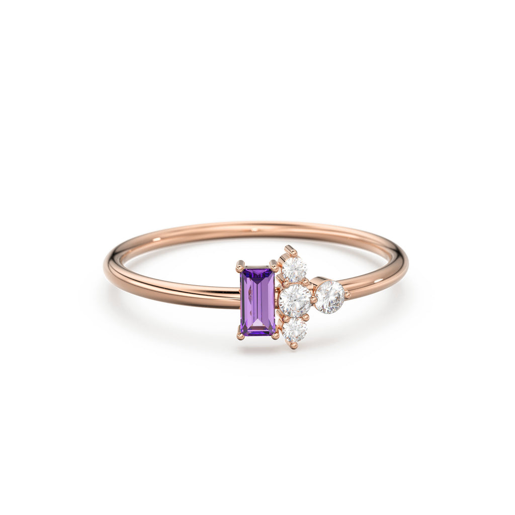 Rose Gold Genuine Amethyst and Diamond Ring / 14k Rose Gold Ring / Baguette Cut Amethyst Ring / February Birthstone / Purple Amethyst Ring